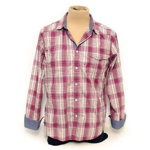 DKNY Jeans Men Button Up Shirt Plaid Pink & Brown
